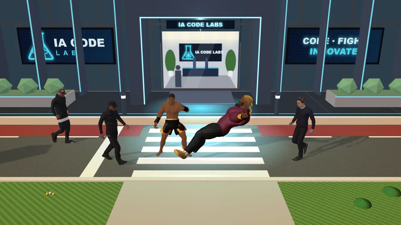 O Lutador acerta um uppercut no Chefão do Bonde na frente da sede da IA Code Labs